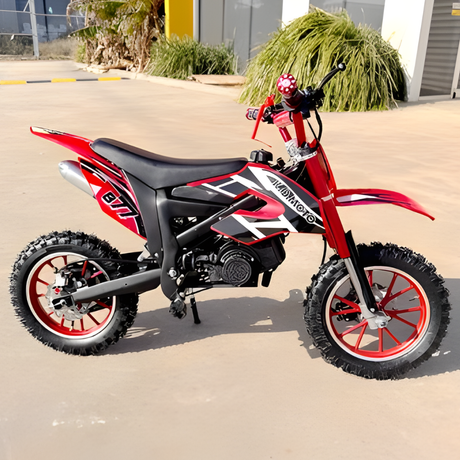 Red and black dirt bike on a paved surface with plants in the background