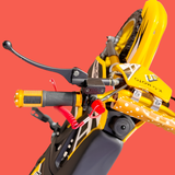 Close-up of a yellow and black motorcycle with visible branding on a red background
