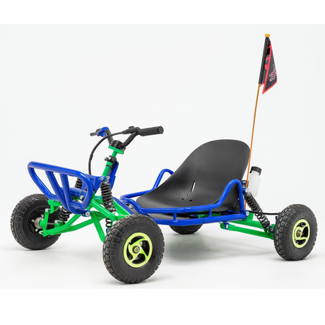 Kids off-road pedal go-kart in blue and green with a black seat and safety flag, displayed on a white background.