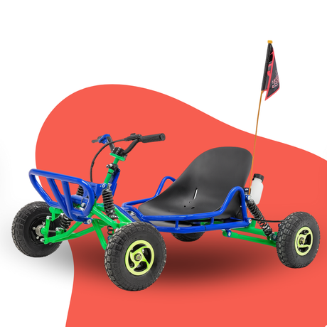 Blue and green kids off-road pedal go-kart with black seat and flag, shown on a red and white graphic background.