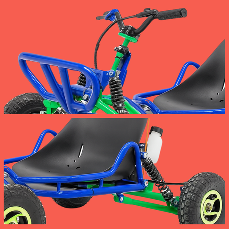 Close-up view of a blue and green pedal go-kart showing seat and steering components on a red background.