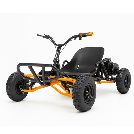 kids off-road pedal go-kart with black seat and flag, shown on a red and white graphic background.