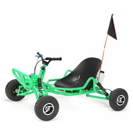 Kids off-road pedal go-kart in green with a black seat and safety flag, displayed on a white background.

