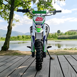 Motorcycle with '25' and 'Mud Moto' branding on a wooden deck by a lake.