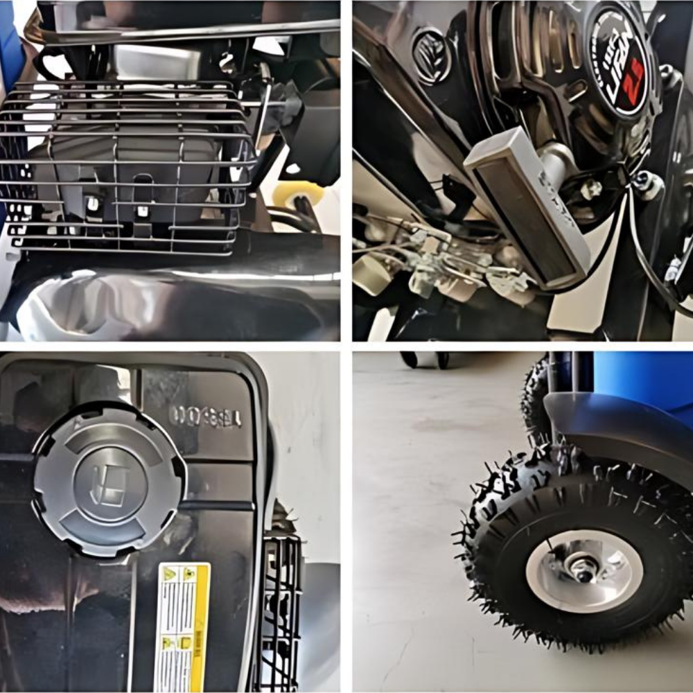 Collage of close-up images of a vehicle's engine and components.