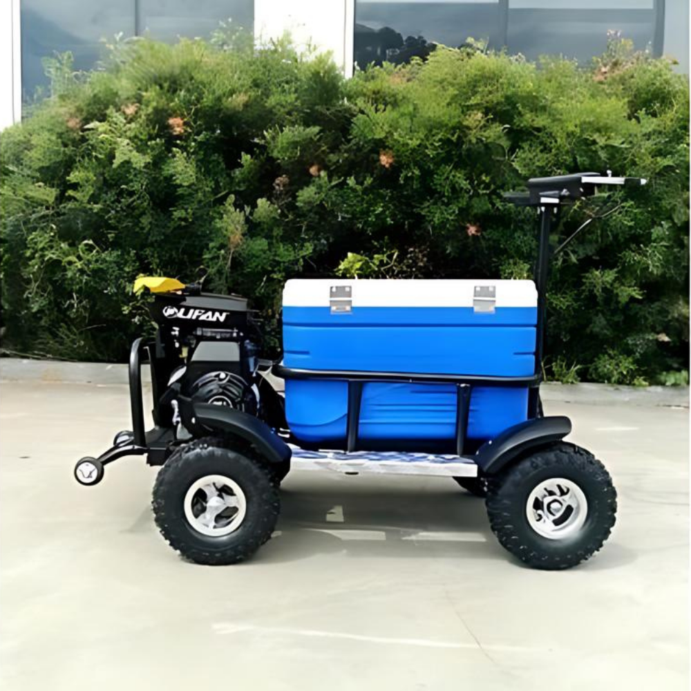 Small off-road vehicle with a blue cooler on a concrete surface with greenery in the background