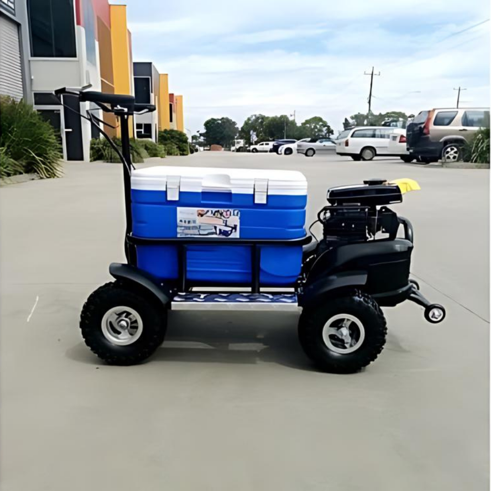 Cart with large blue and white coolers on a concrete surface with buildings and cars in the background.