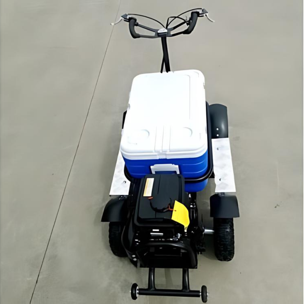 Small four-wheeled vehicle with a cooler on top 