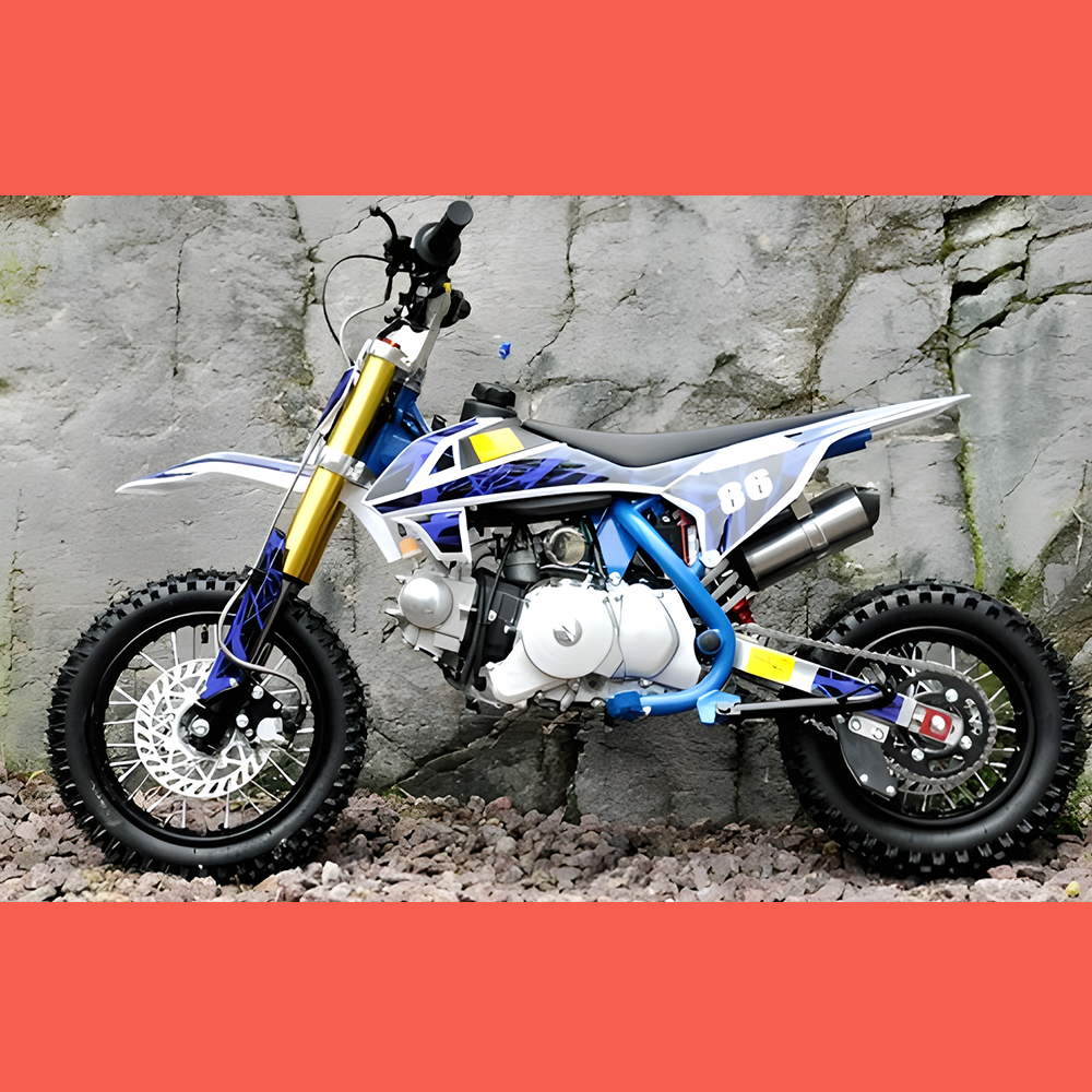 side view of MJM 90cc Petrol Powered 4-Stroke Semi-Auto Kids Dirt Bike - Blue