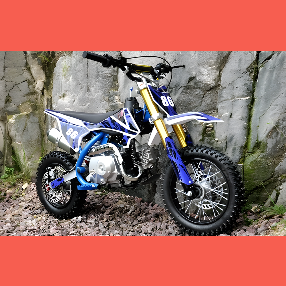 side view of MJM 90cc Petrol Powered 4-Stroke Semi-Auto Kids Dirt Bike - Blue