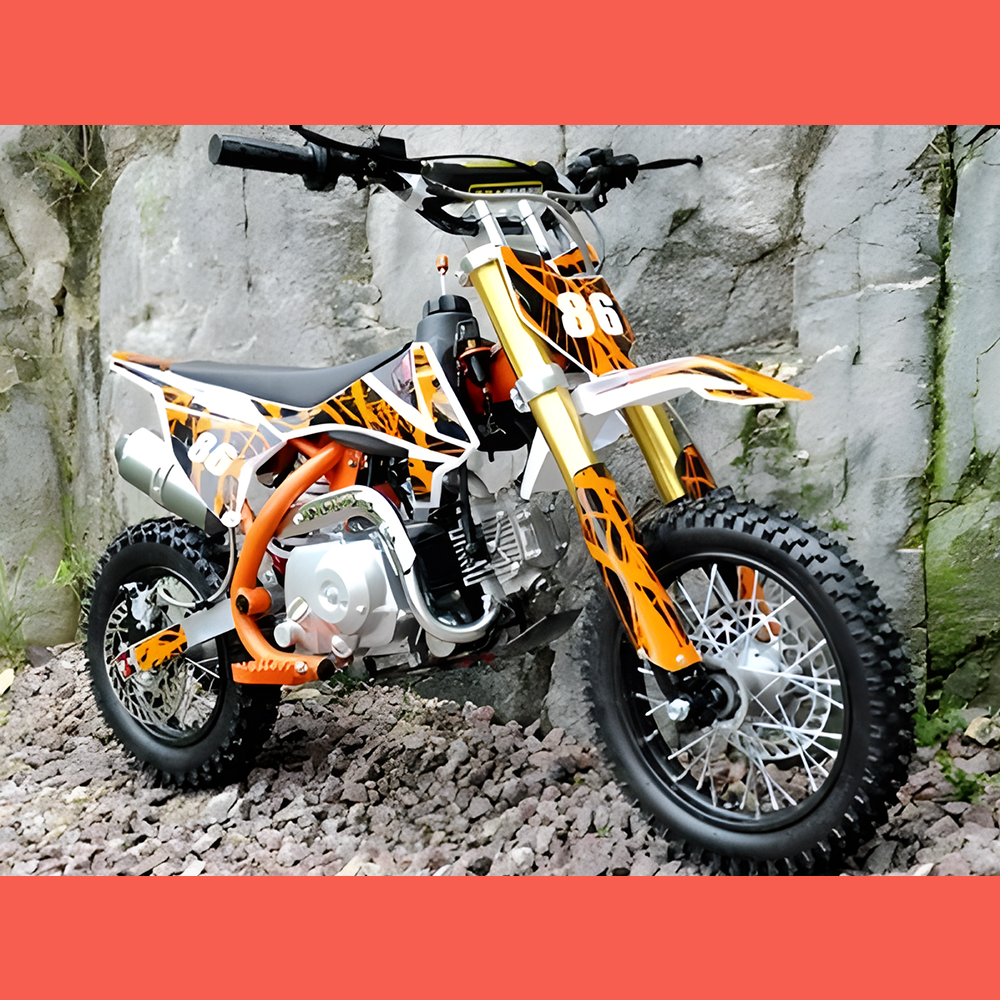 front view of MJM 90cc Petrol Powered 4-Stroke Semi-Auto Kids Dirt Bike - Orange