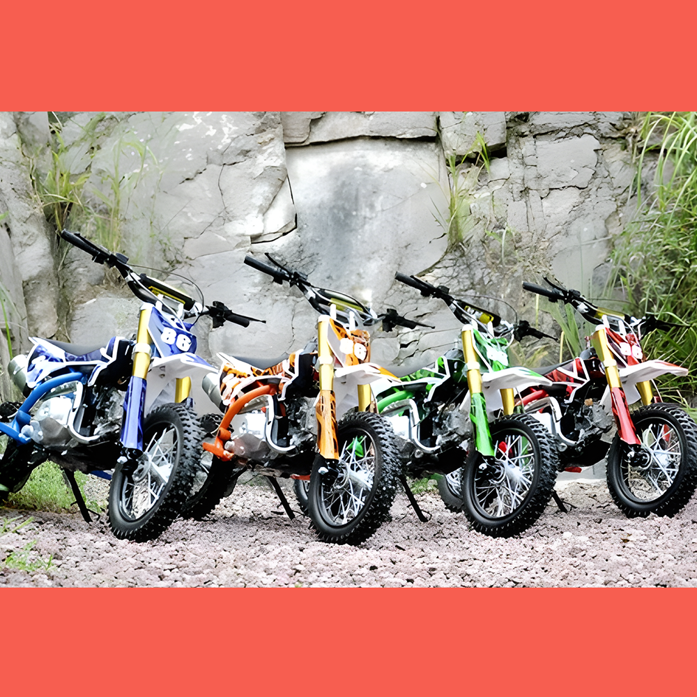 different colors of MJM 90cc Petrol Powered 4-Stroke Semi-Auto Kids Dirt Bike