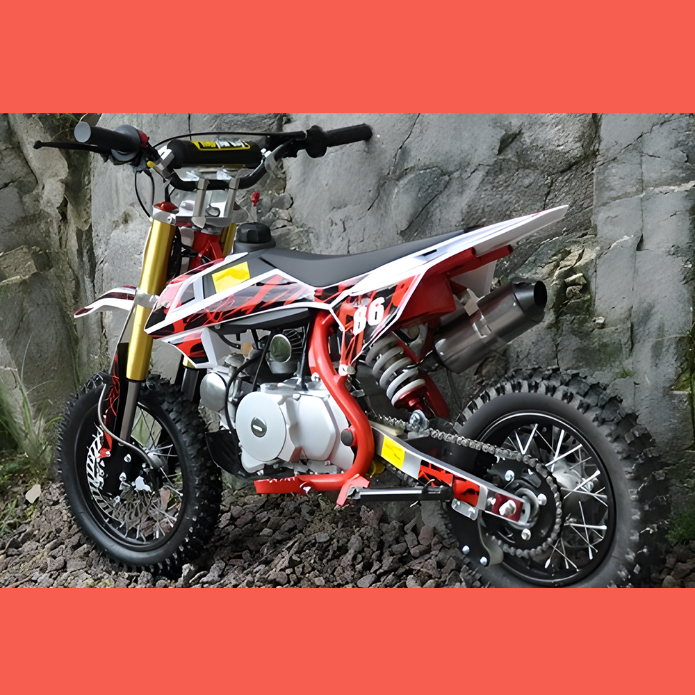 side view of MJM 90cc Petrol Powered 4-Stroke Semi-Auto Kids Dirt Bike - Red