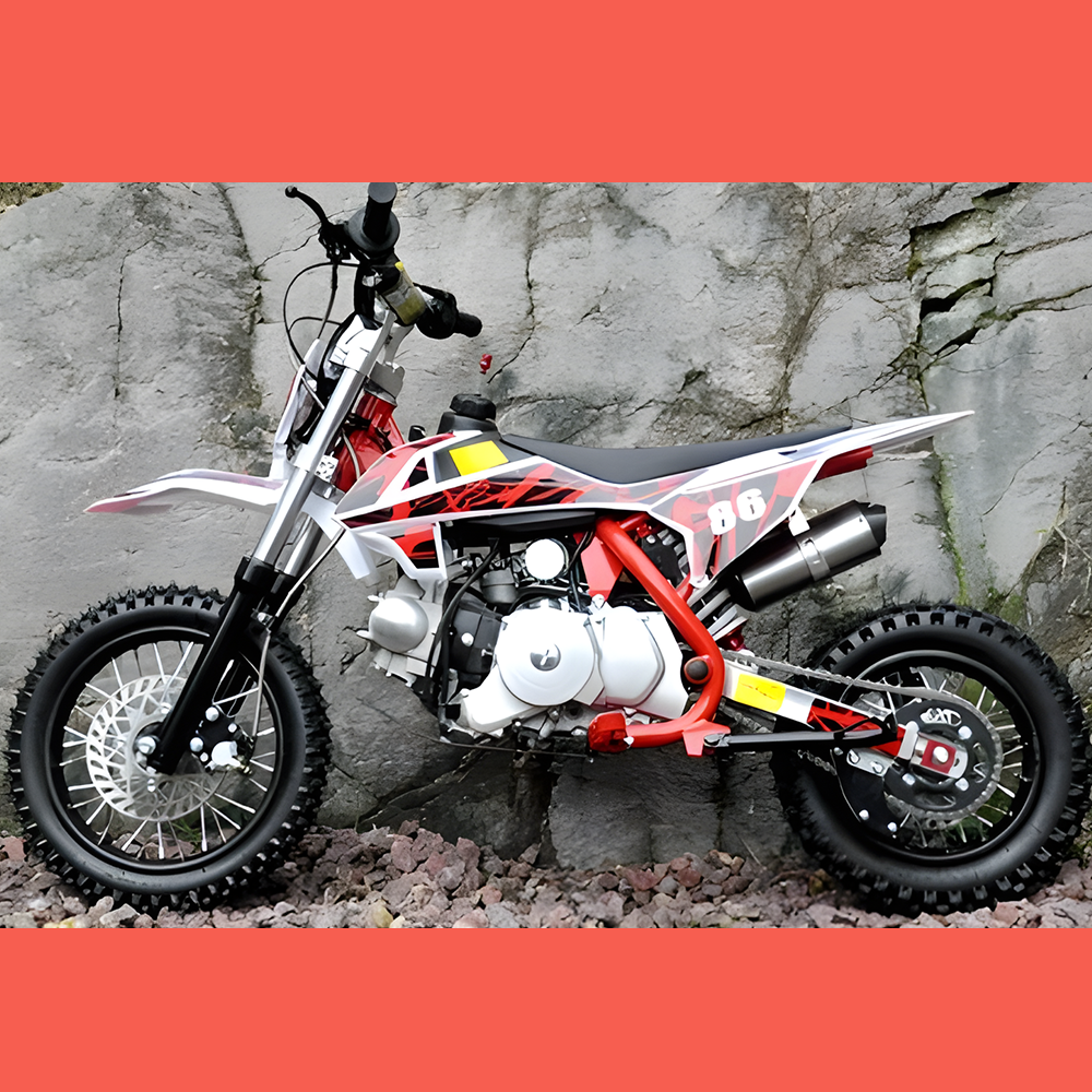 side view of MJM 90cc Petrol Powered 4-Stroke Semi-Auto Kids Dirt Bike - Red