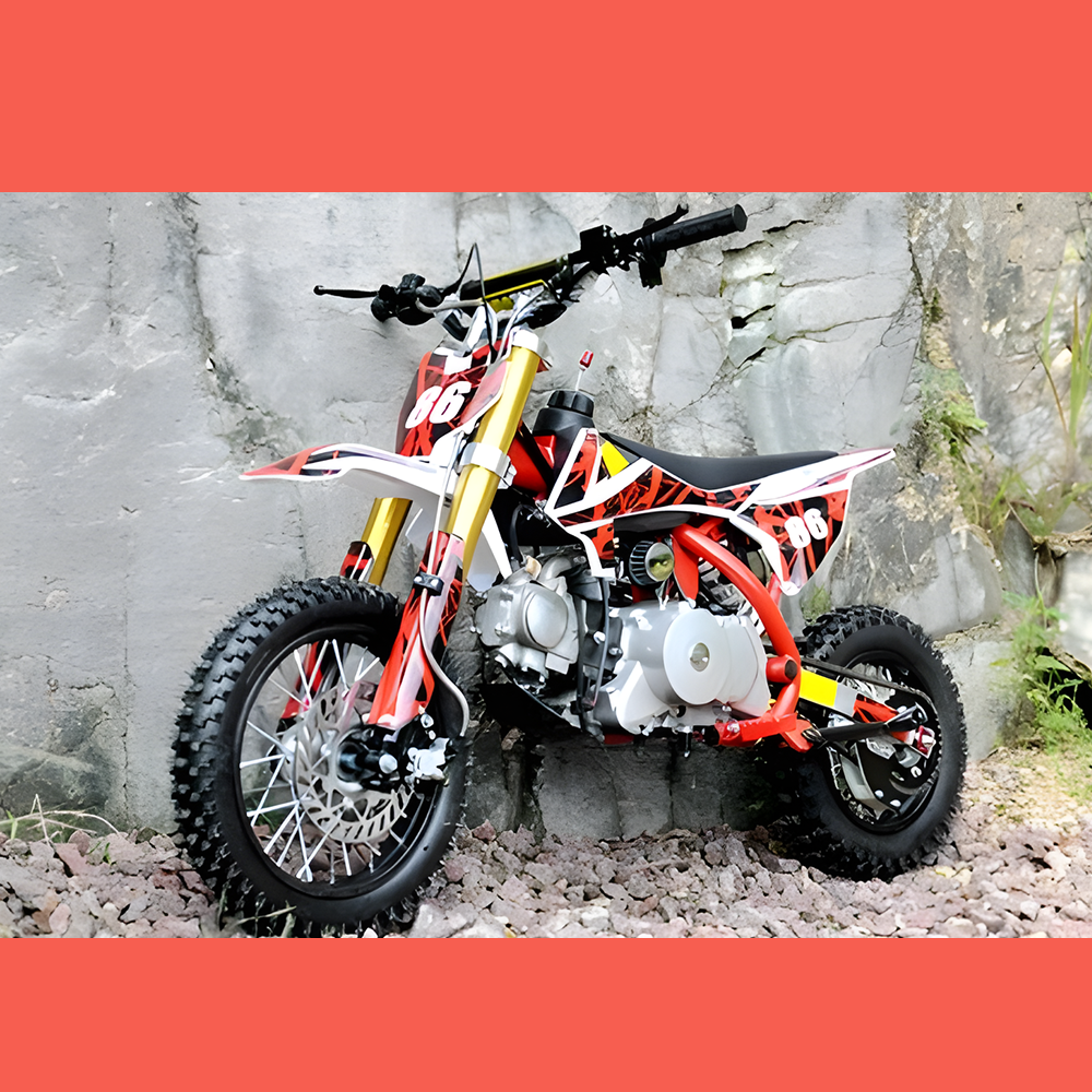 side view of MJM 90cc Petrol Powered 4-Stroke Semi-Auto Kids Dirt Bike - Red