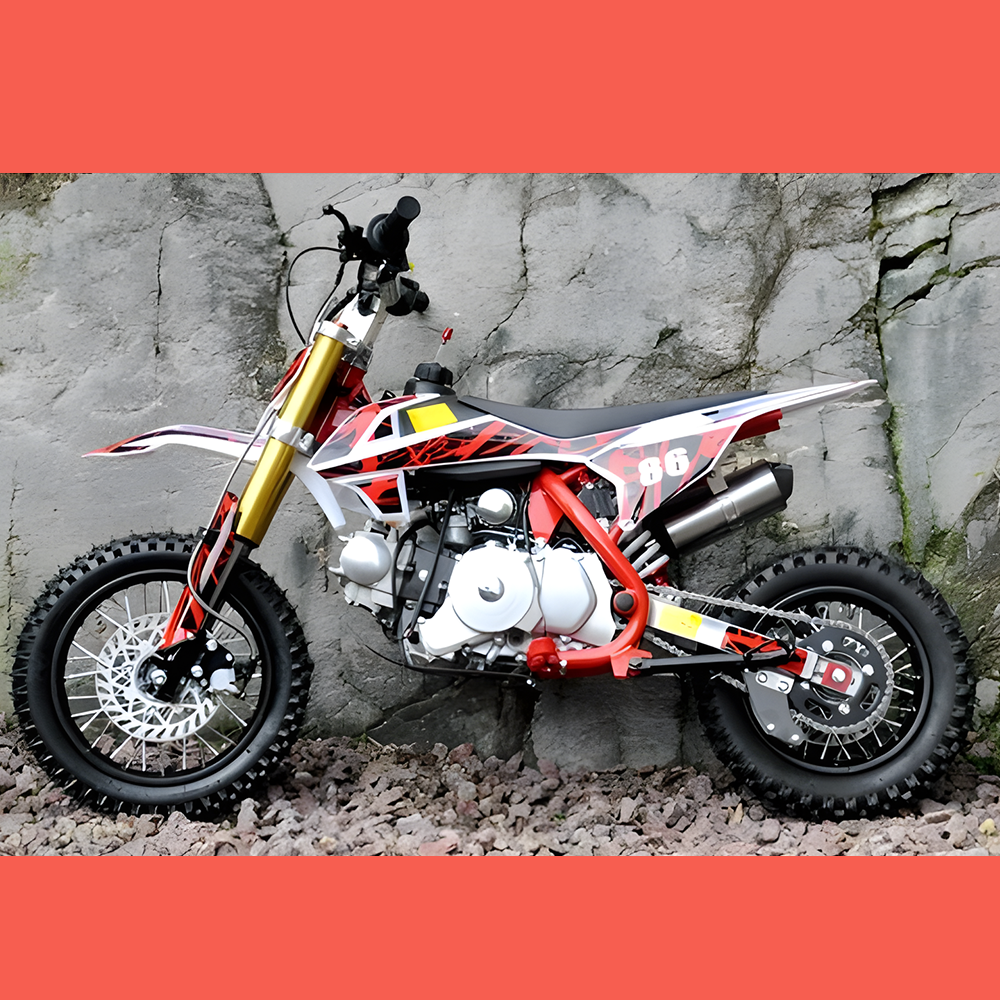 side view of MJM 90cc Petrol Powered 4-Stroke Semi-Auto Kids Dirt Bike - Red