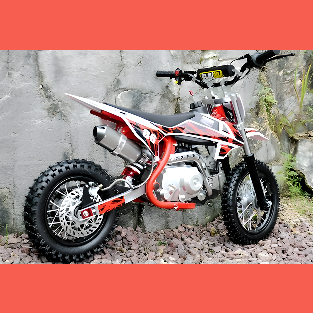 side view of MJM 90cc Petrol Powered 4-Stroke Semi-Auto Kids Dirt Bike - Red