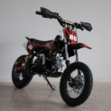 Side view of the 50cc dirt bike facing right, showcasing full body graphics and handlebar detail against a white background.