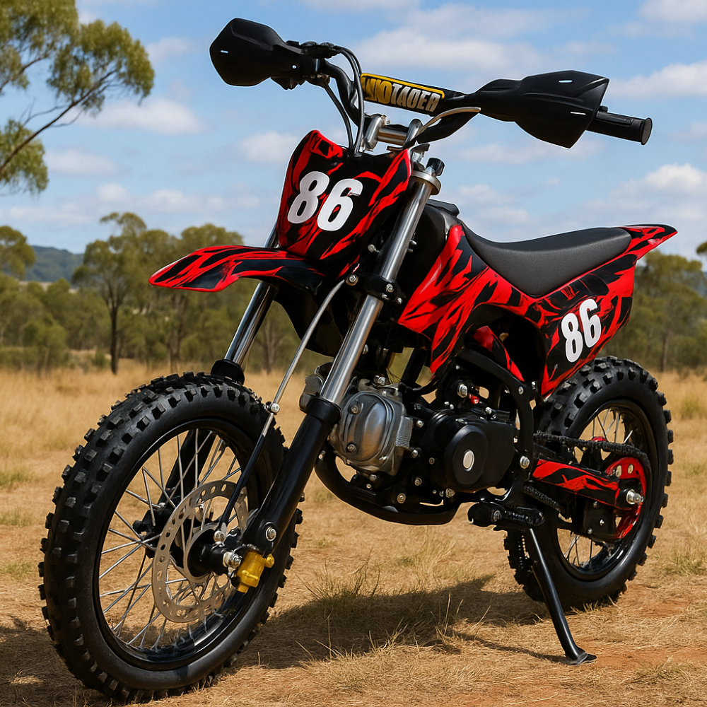 Outdoor shot of red and black dirt bike on dirt terrain with trees in the background, positioned front-left to show tread and stance.