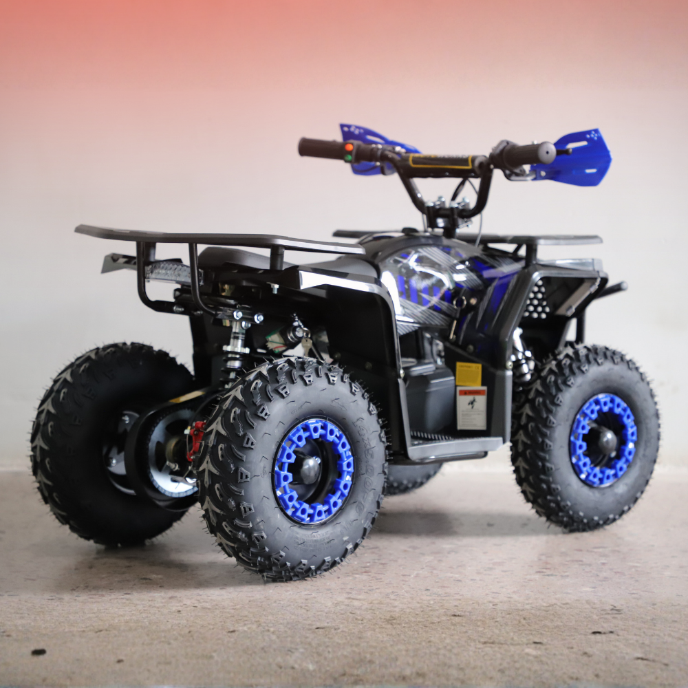 Small ATV with blue accents on a wooden floor