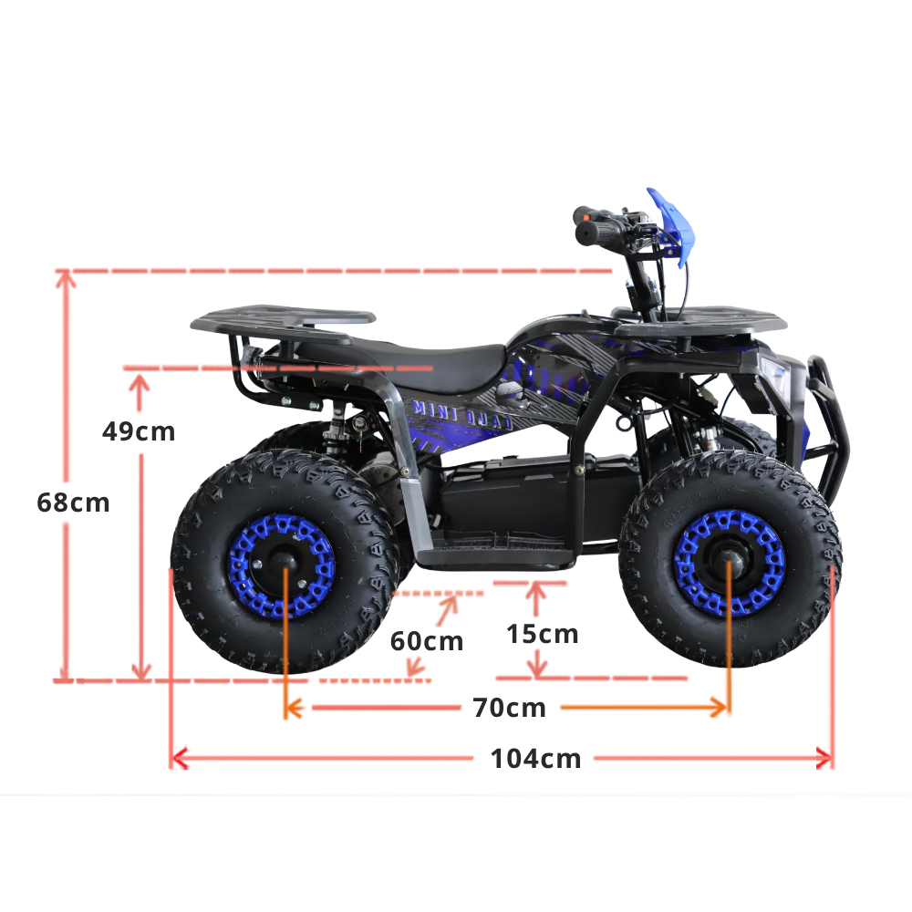 Black and blue ATV with dimensions marked on a white background
