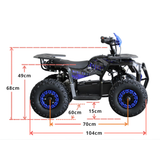 Black and blue ATV with dimensions marked on a white background