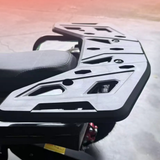 Close-up of a motorcycle license plate holder on a motorcycle with a blurred background.