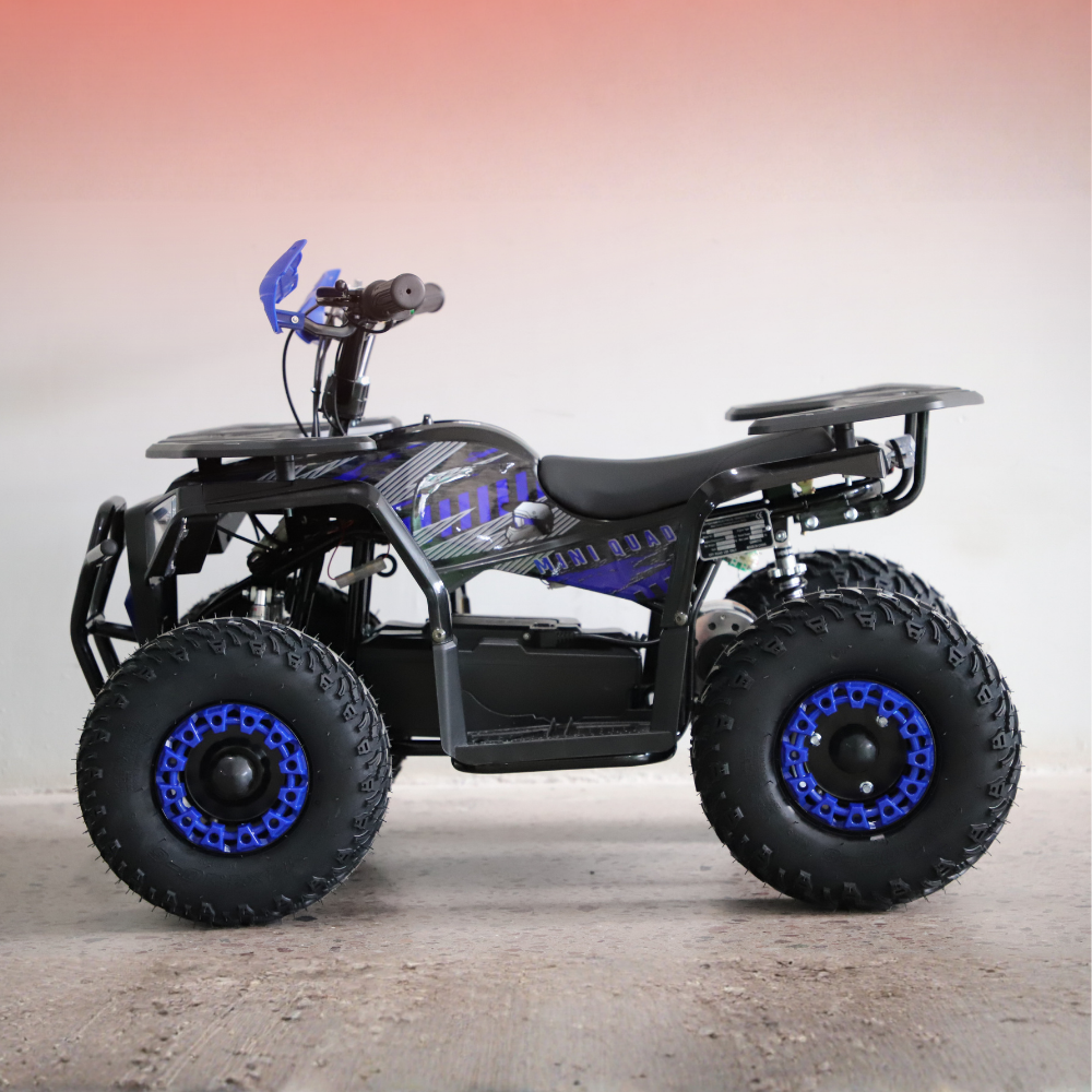 Small ATV with blue accents on a plain background