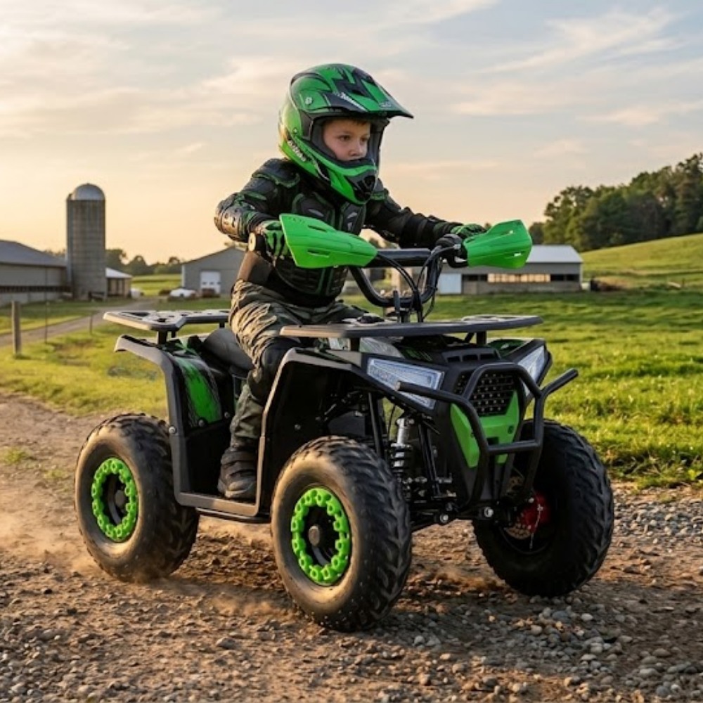 Child riding a green ATV in a rural setting with a sunset.
