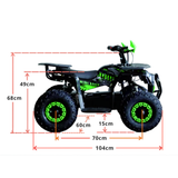 Children's ATV with green accents and dimensions labeled on a white background