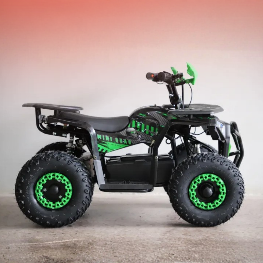 Black and green ATV-like vehicle on a gray surface with a gradient background