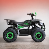 Black and green ATV-like vehicle on a gray surface with a gradient background