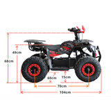 Black and red ATV with dimensions marked on a white background