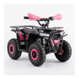 Black and pink toy ATV on a white background