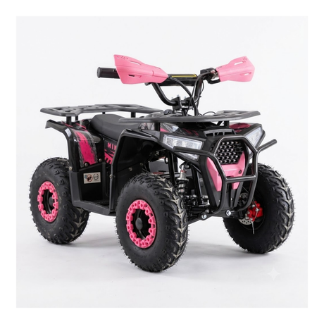 Black and pink toy ATV on a white background