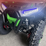 Close-up of an ATV with a focus on the front wheel and suspension system.