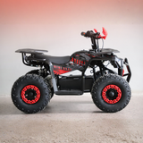 Black and red ATV on a gray surface with a gradient background