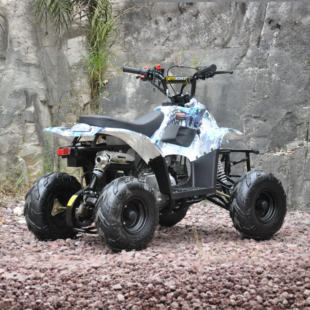 Rear side view of Motoworks 110cc Petrol-Powered Sports F1 Kids Quad Bike - Blue