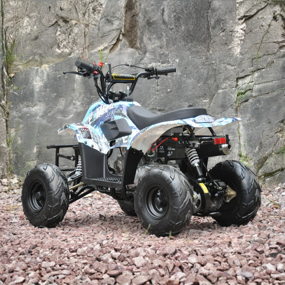 Rear view of Motoworks 110cc Petrol-Powered Sports F1 Kids Quad Bike - Blue