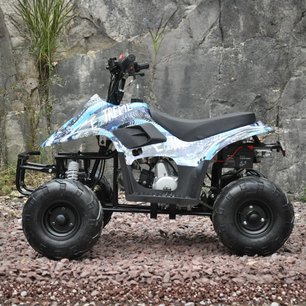 Side view of Motoworks 110cc Petrol-Powered Sports F1 Kids Quad Bike - Blue