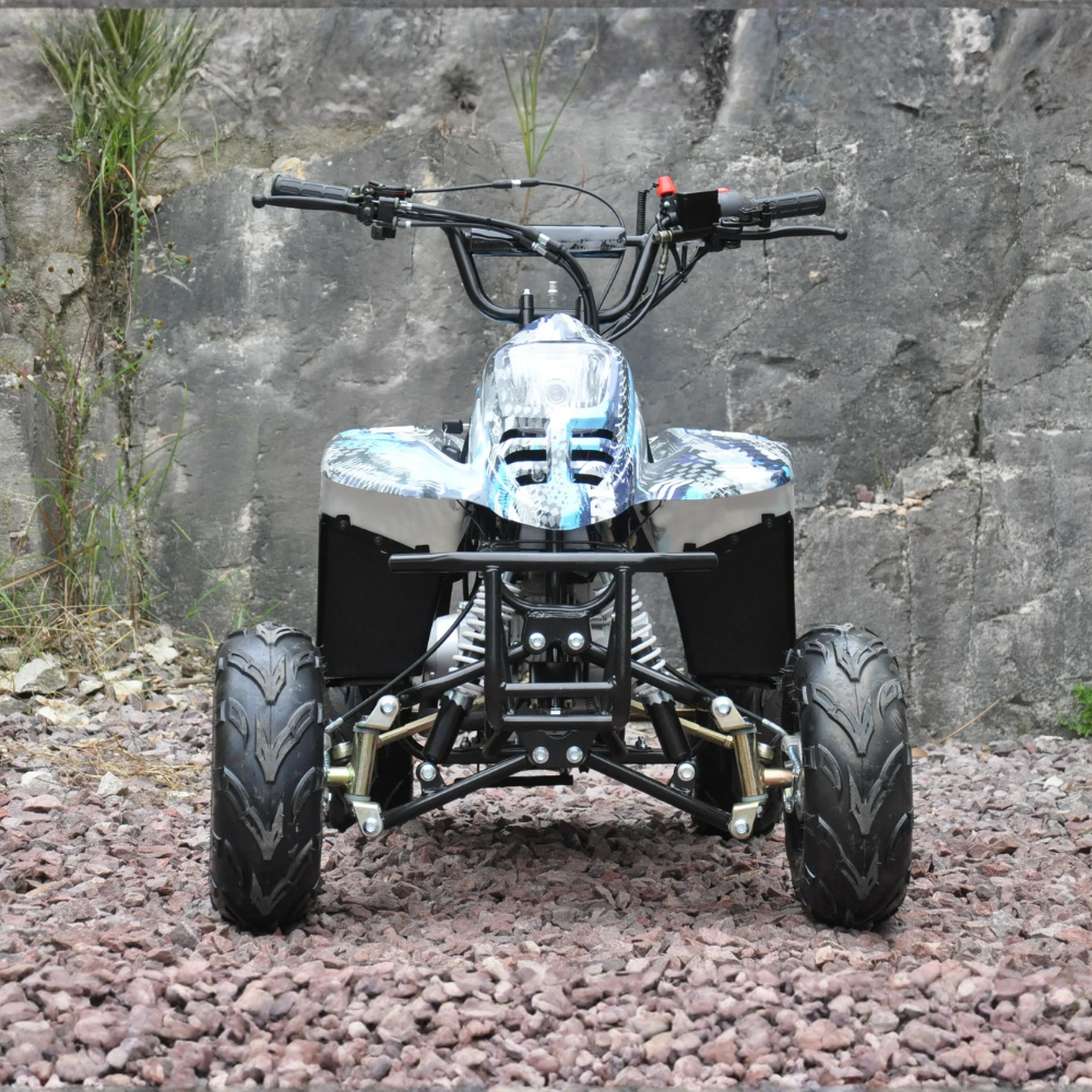 Front view of Motoworks 110cc Petrol-Powered Sports F1 Kids Quad Bike - Blue