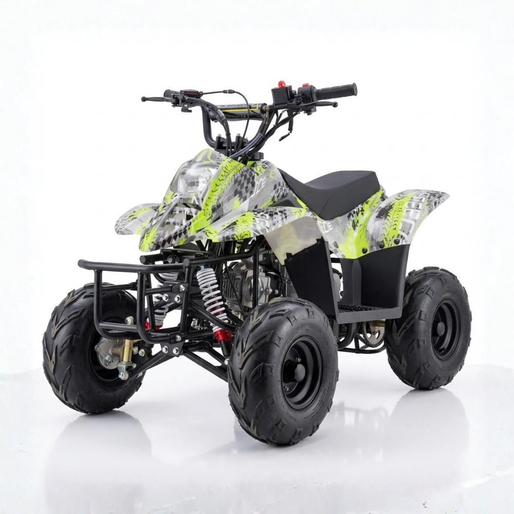 Motoworks 110cc Petrol-Powered Sports F1 Kids Quad Bike - Green on white background