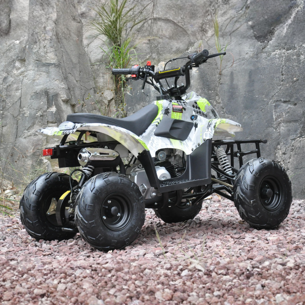 Rear view of Motoworks 110cc Petrol-Powered Sports F1 Kids Quad Bike - Green