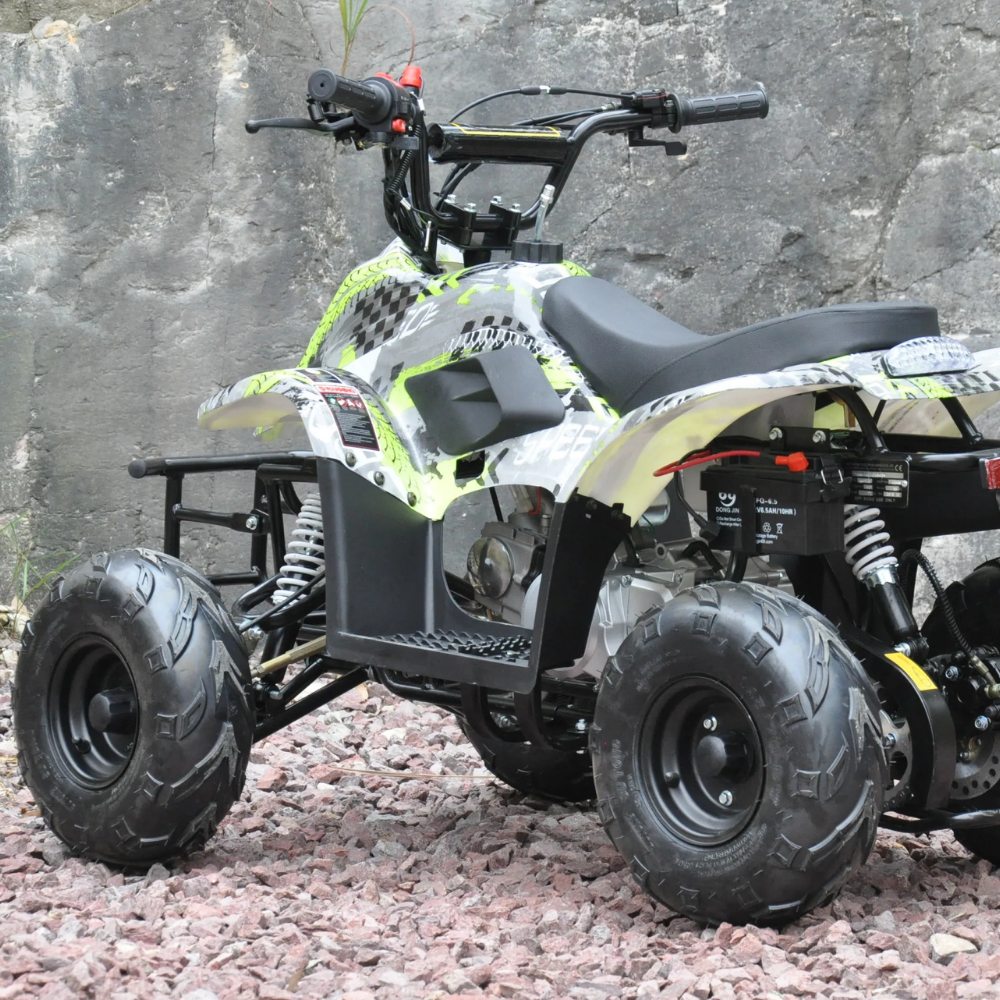 Side view of Motoworks 110cc Petrol-Powered Sports F1 Kids Quad Bike - Green