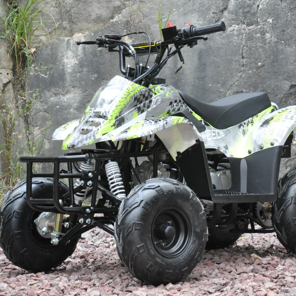 Front view of Motoworks 110cc Petrol-Powered Sports F1 Kids Quad Bike - Green