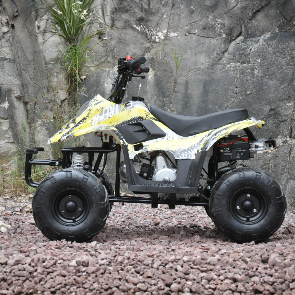 Side view of Motoworks 110cc Petrol-Powered Sports F1 Kids Quad Bike - Yellow