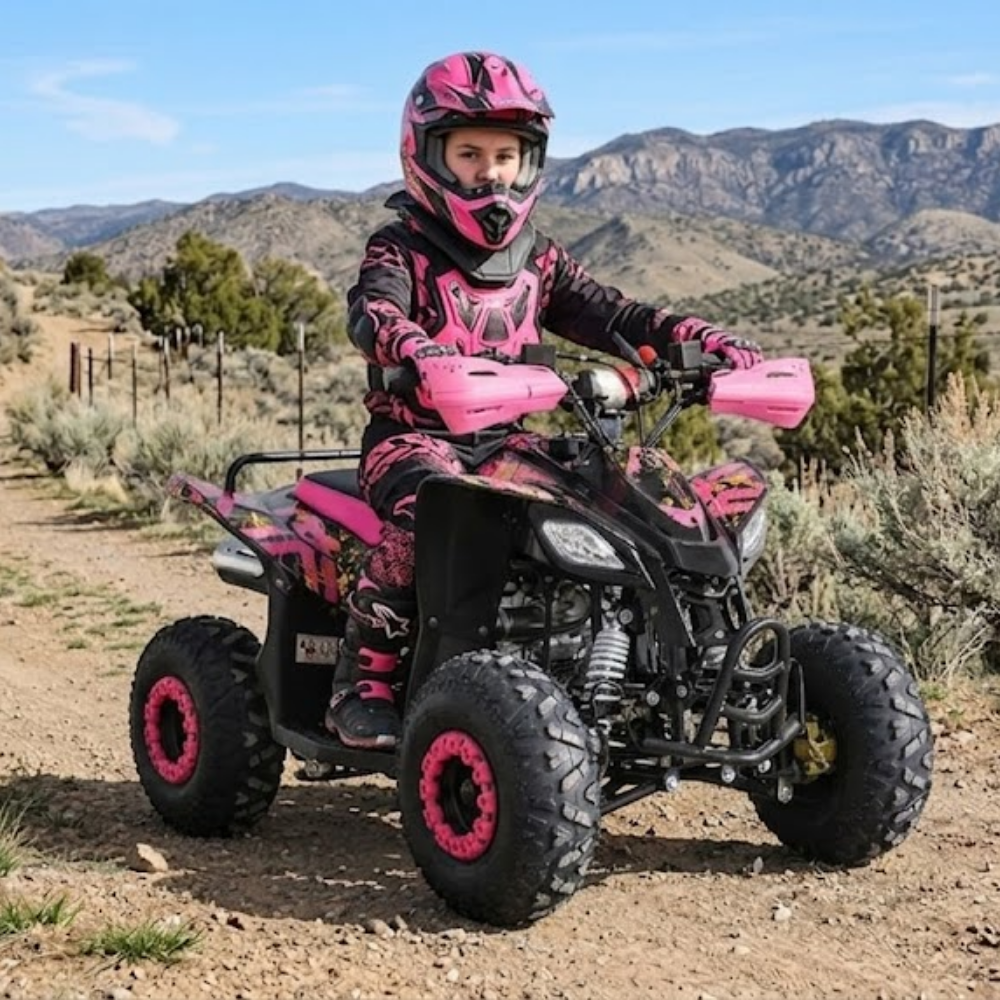 A child wearing a pink and black motocross helmet, suit, and gloves sits on a black ATV with bright pink wheels and handlebar grips, traveling on a dirt road with mountains in the background.
