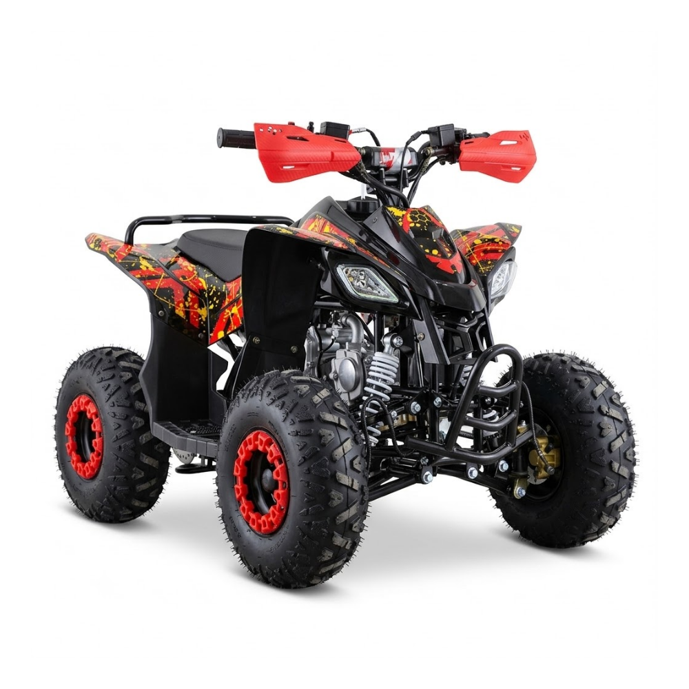 A youth ATV quad bike with a black body, red handlebar grips and wheel rims, and a red, orange, and yellow flame graphic decal on the fenders, shown on a white background.