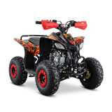 A youth ATV quad bike with a black body, red handlebar grips and wheel rims, and a red, orange, and yellow flame graphic decal on the fenders, shown on a white background.