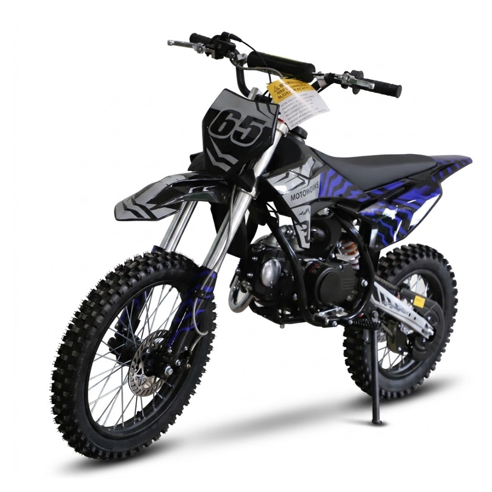 A youth dirt bike with a black, gray, and blue color scheme, featuring the number 65 on the front number plate. The bike is shown on a white background with its kickstand deployed.
